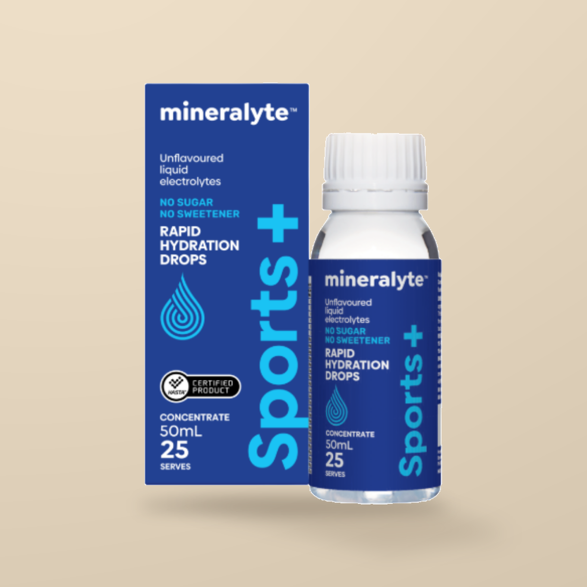 Mineralyte Sports+ Unflavoured Mineral Drops 50ml — original product packaging on warm beige background