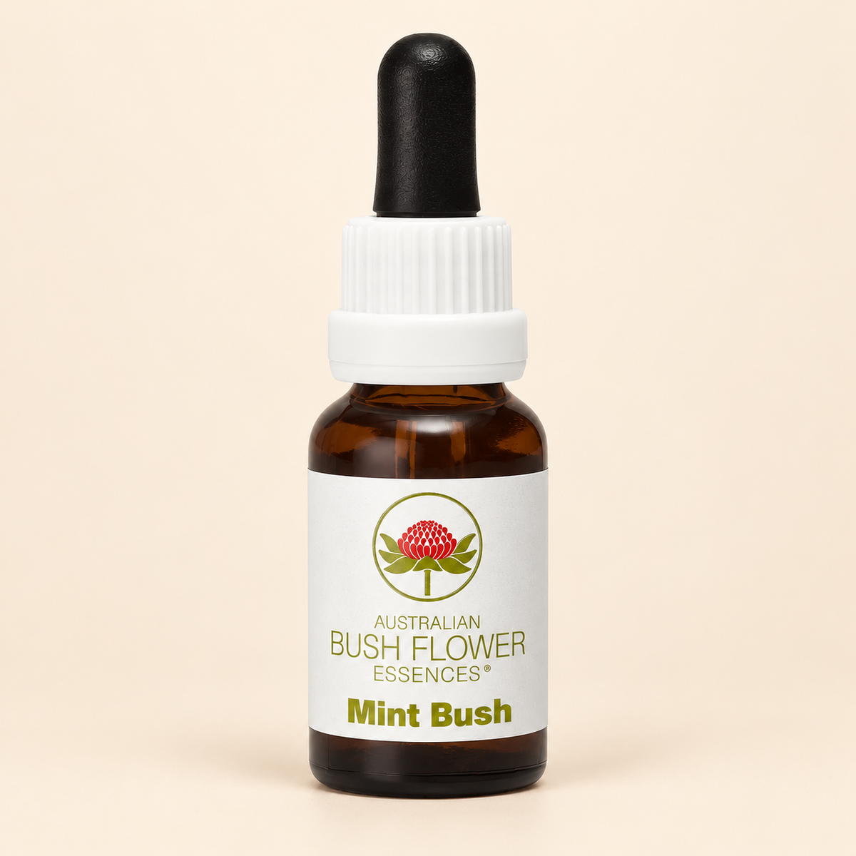 Australian Bush Flower mint bush 15ml bottle on a warm beige background