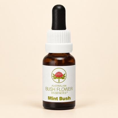 Australian Bush Flower mint bush 15ml bottle on a warm beige background