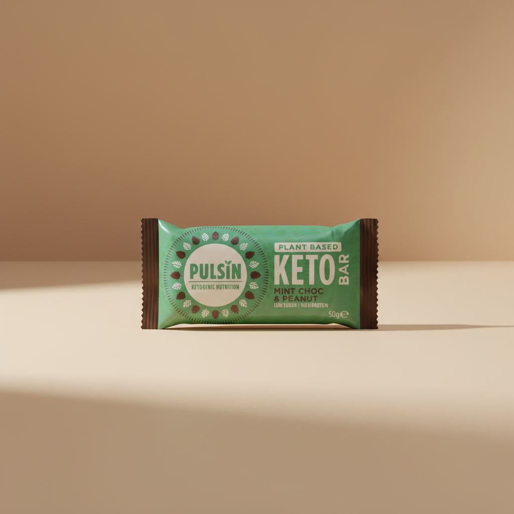 Pulsin' keto bar packaging with green and brown design on a white background