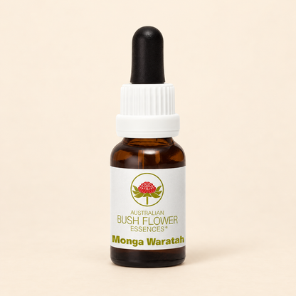 Australian Bush Flower monga waratah 15ml bottle on a warm beige background