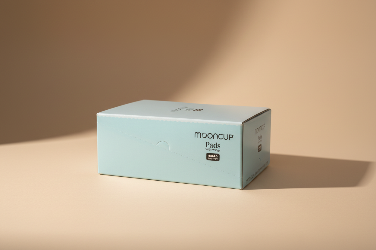 A light blue box of Mooncup Pads with wings, photographed on a dark tabletop with a blurred background.