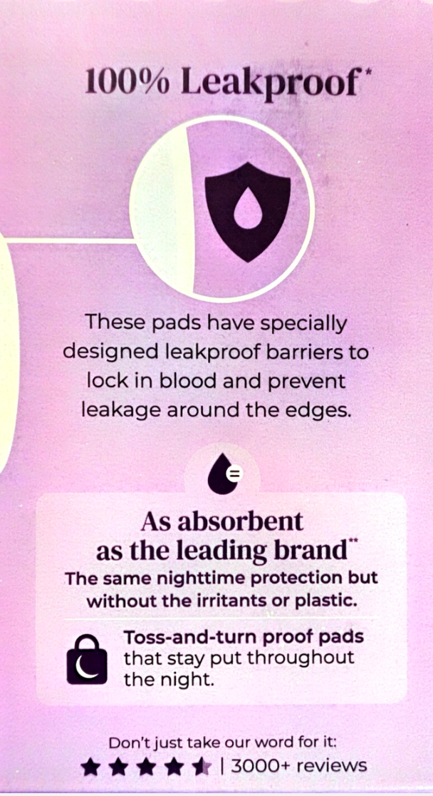 A pink and purple informational card detailing the features of 100% leakproof pads, including a graphic of a shield icon and text highlighting leakproof barriers and absorbency.