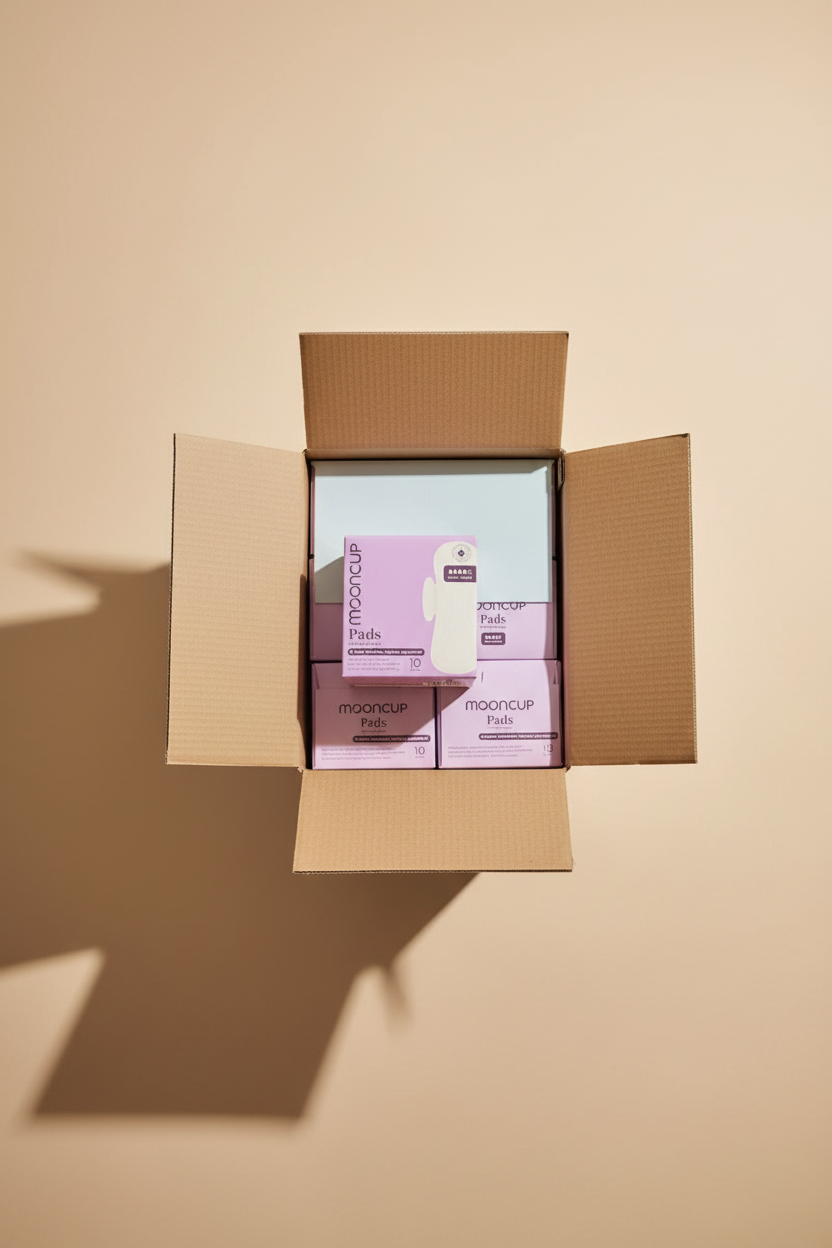 An open cardboard shipping box containing three pink Mooncup Pads boxes, photographed from above on a warehouse floor.