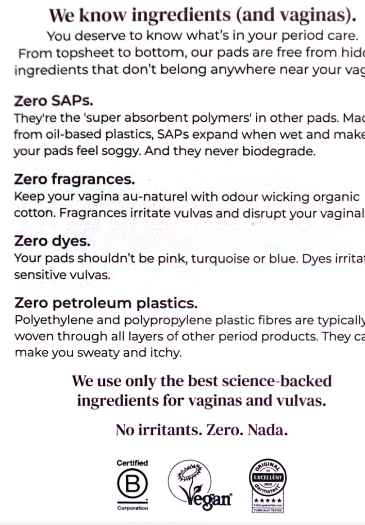 A text-heavy product information panel with headings such as 'We know ingredients (and vaginas).' and bullet points about Zero SAPs, Zero fragrances, Zero dyes, and Zero petroleum plastics, plus certification logos at the bottom.