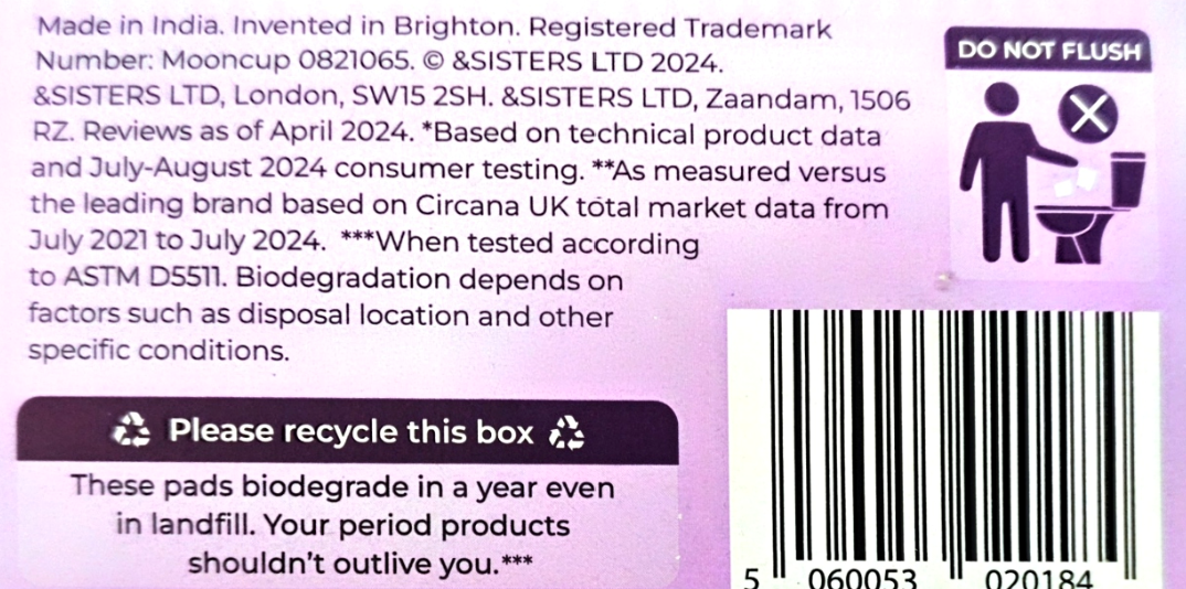 The back of a purple and pink product packaging card featuring recycling instructions, a barcode, and compliance text for Fighion Registered Trademark and ASTM D5311.