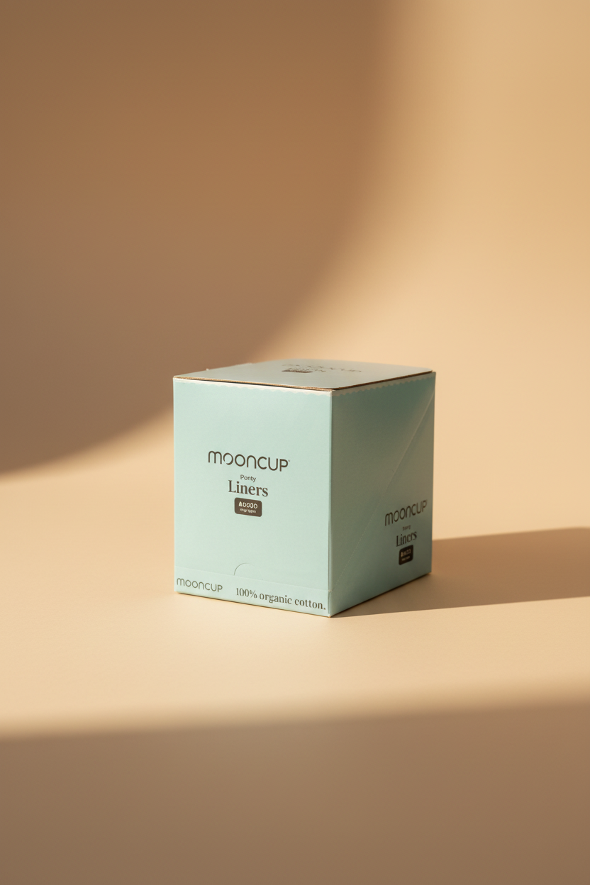 A light blue cardboard box for mooncup Party Liners, photographed on a dark workbench surface.