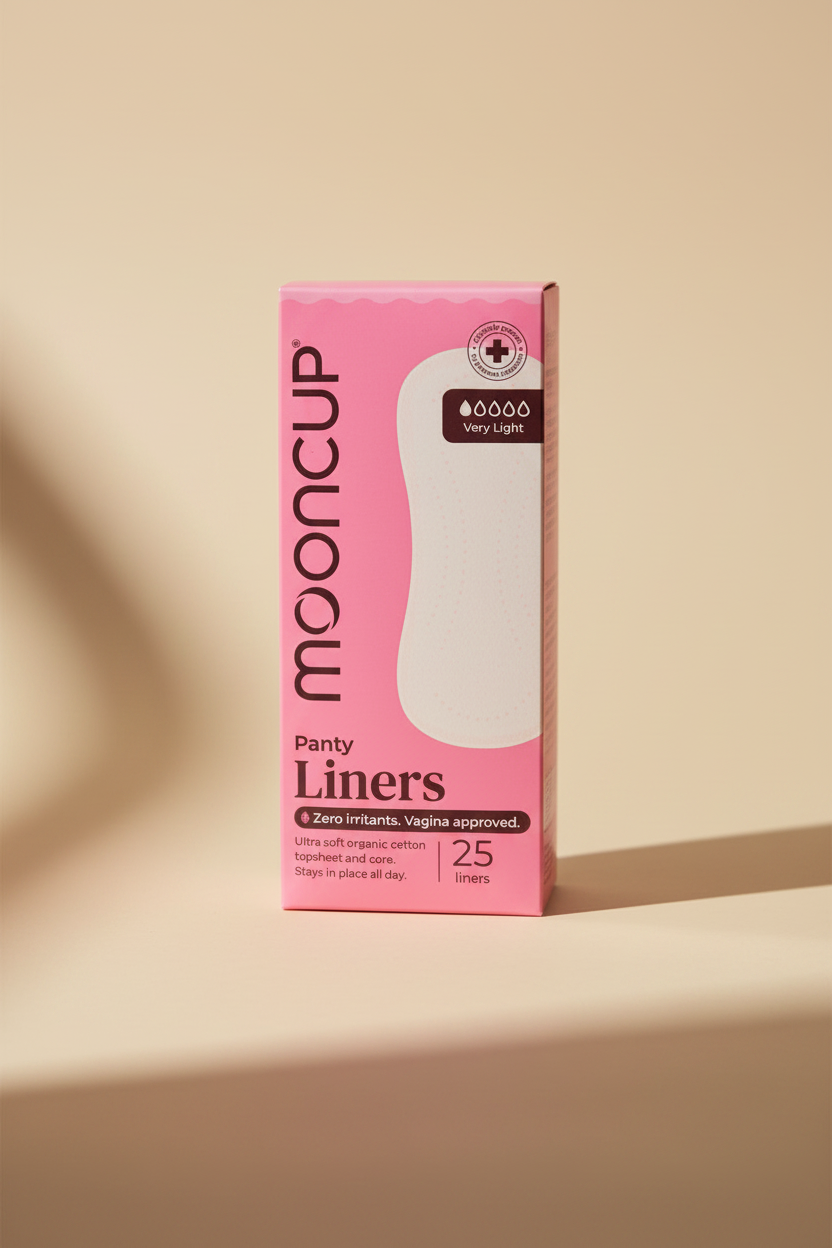 Pink MoonCup Party Liners box, 25 count, very light shade, photographed on a white surface.