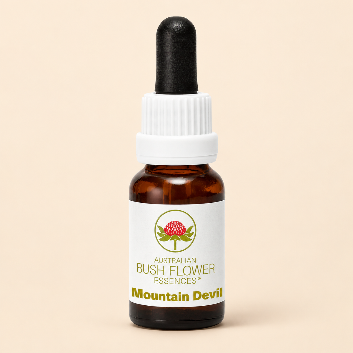 Australian Bush Flower mountain devil 15ml bottle on a warm beige background