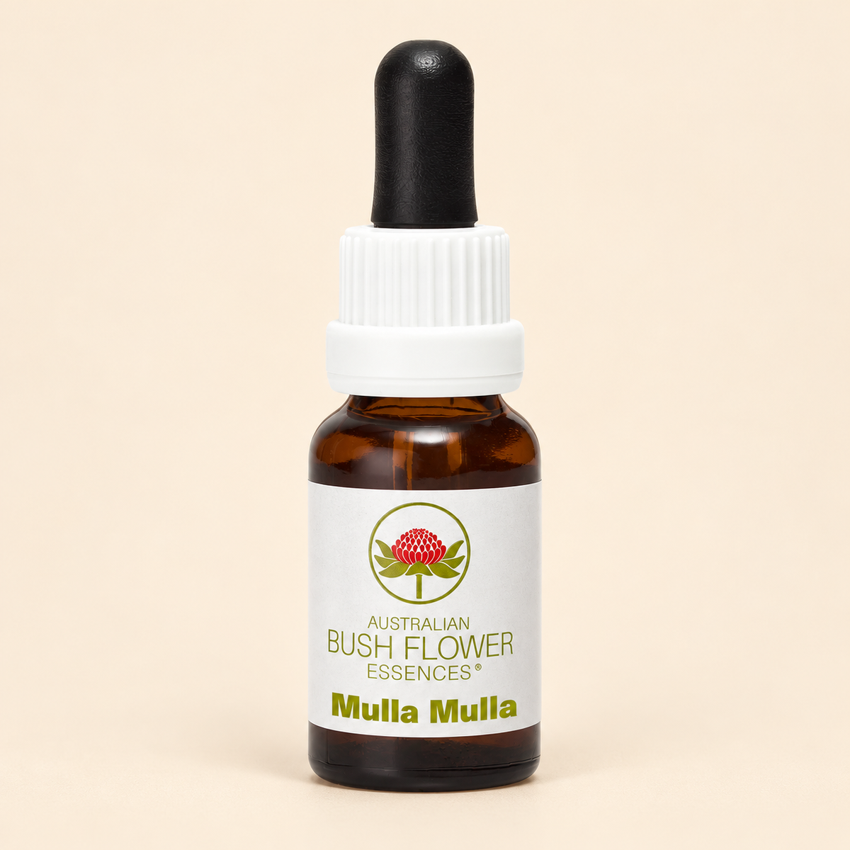 Australian Bush Flower mulla mulla 15ml bottle on a warm beige background