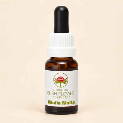 Australian Bush Flower mulla mulla 15ml bottle on a warm beige background