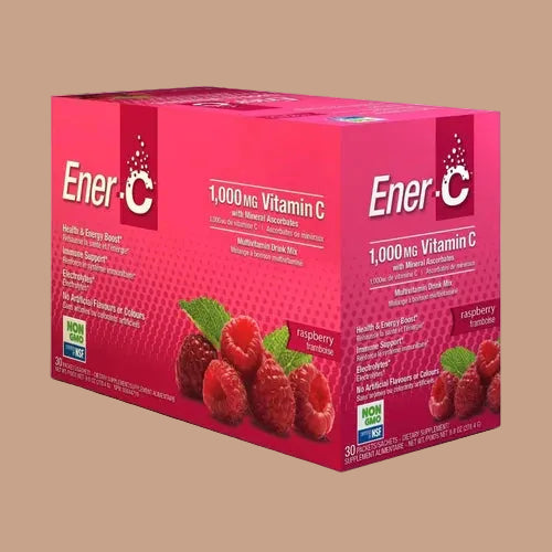 Ener-C vitamin C supplement box with raspberry flavor on a white background