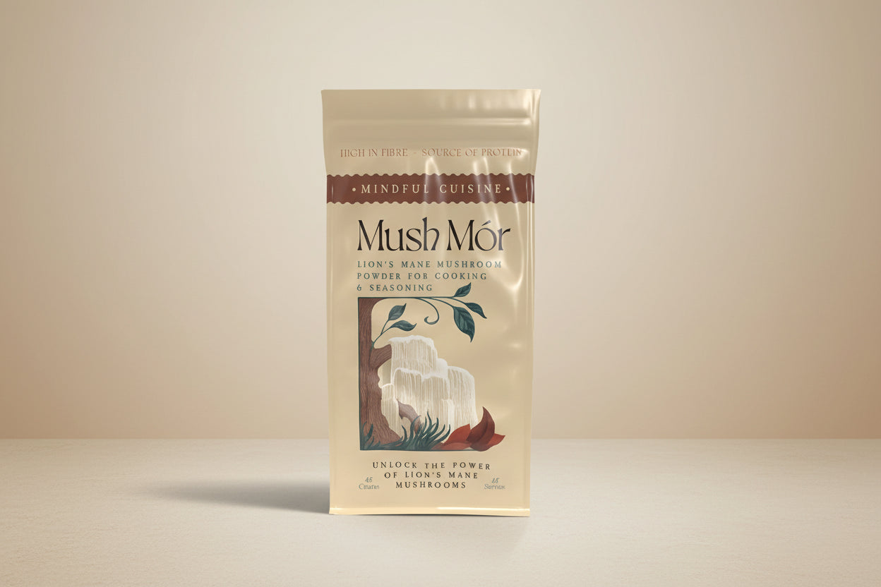 Mush Mor Lion's Mane Mushroom powder packaging on a white background