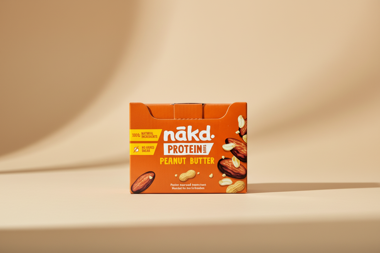 Close-up of an orange snack box for näk. Protein Bars, Peanut Butter flavor, showing the brand name, '100% Natural Ingredients', and 'No Added Sugar' text with peanut illustrations.