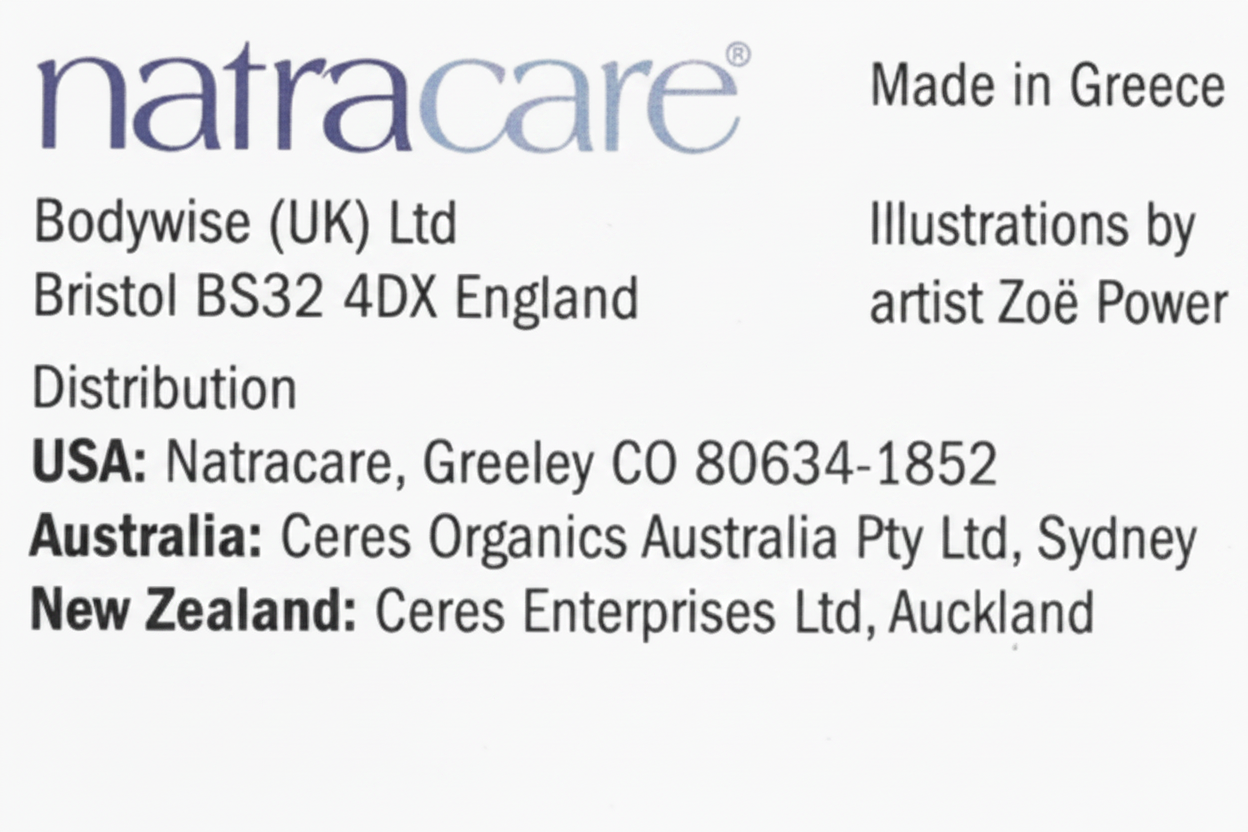 A text-based graphic with the Natracare logo at the top left and product information printed in black on a white background, including 'Bodywise (UK) Ltd', 'Bristol BS32 4DX England', 'Made in Greece', 'Illustrations by artist Zoë Power', and distribution addresses for USA, Australia, and New Zealand.