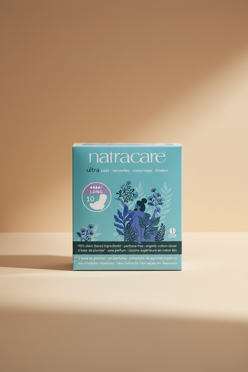 Front of a Natracare Ultra Pads box showing a light blue package with botanical illustrations, a white product icon, and text indicating long, 10-count cotton covers.