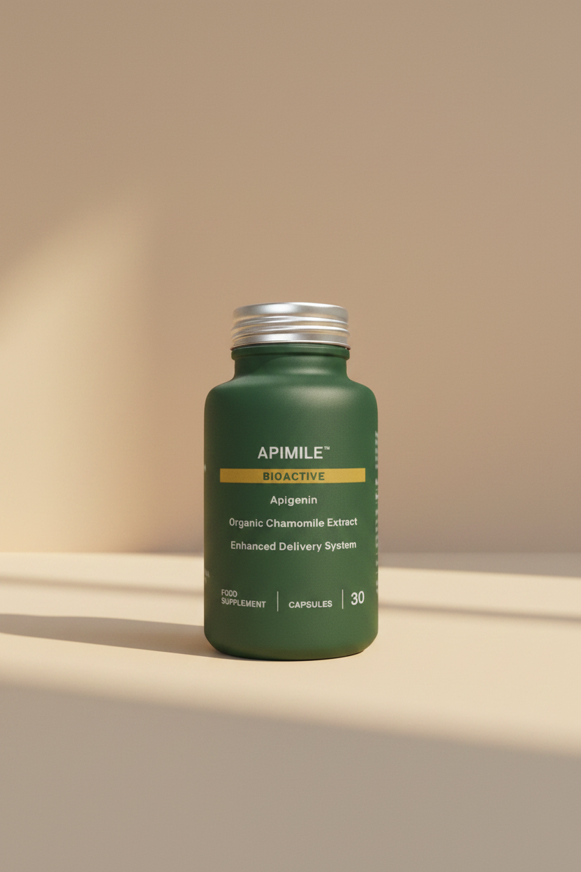 Green supplement bottle labeled 'Apimile Bioactive' on a beige background