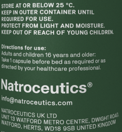 Natroceutics product label with directions and contact information on a green background
