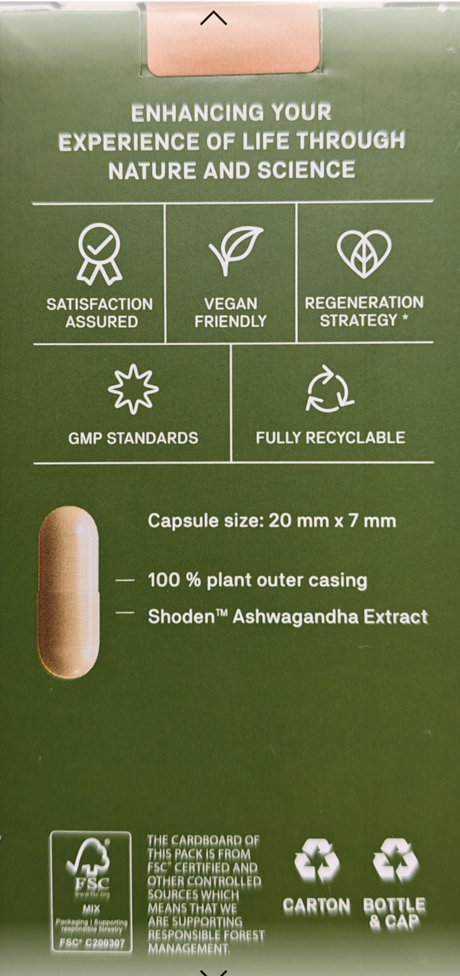 Green capsule packaging with text and symbols on a green background