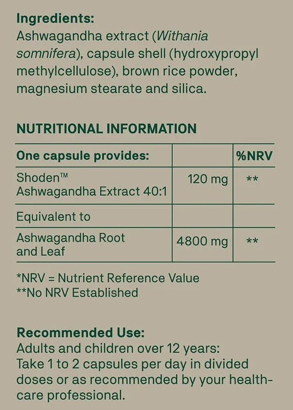 Supplement label with ingredients and nutritional information on a beige background