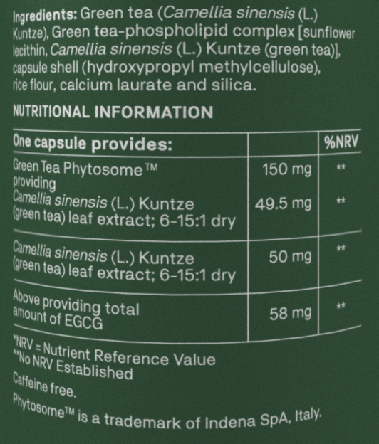 Close-up of a dark green supplement package showing the ingredients list and a nutrition information table for Phytosome green tea capsules.