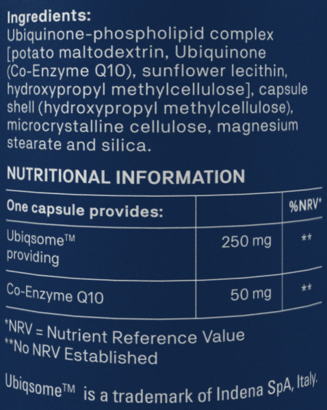 Nutritional label with ingredients and nutritional information on a blue background