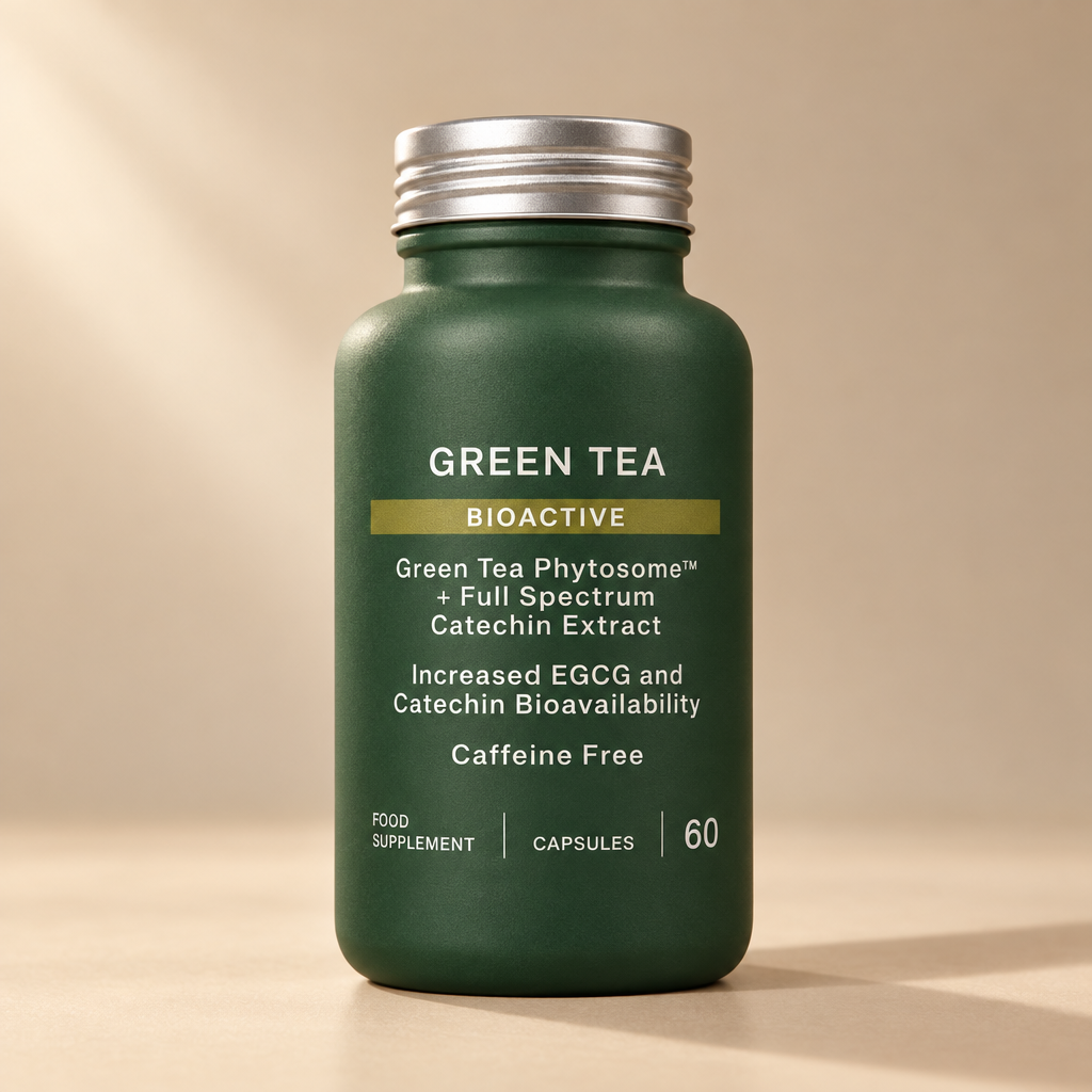 A dark green bottle of Green Tea Bioactive food supplement with a silver cap, shown against a pale yellow-green background with a faint green leaf graphic.