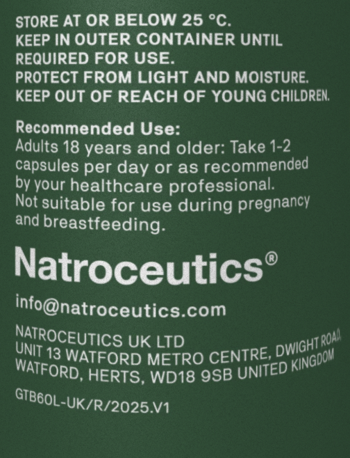 A dark green product information label with white text. The brand name 'Natroceutics' is prominently displayed, along with storage instructions, recommended use, contact email, company address in Watford, UK, and a product code.