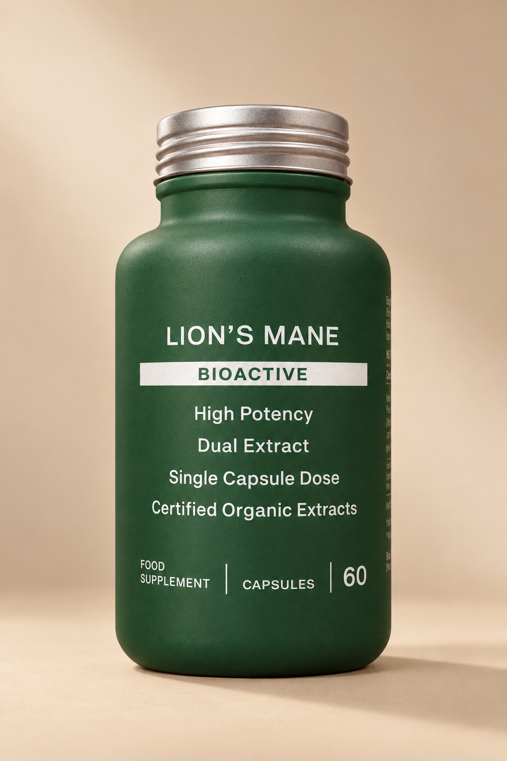 A dark green bottle of Lion's Mane Bioactive food supplement capsules with a silver metal cap, shown against a light gray background.