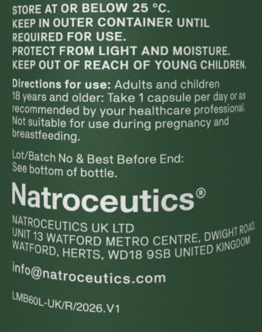 A close-up of a dark green product label with white text. The brand name 'Natroceutics' is prominently displayed, along with storage instructions, directions for use, lot/batch information, and company address details.