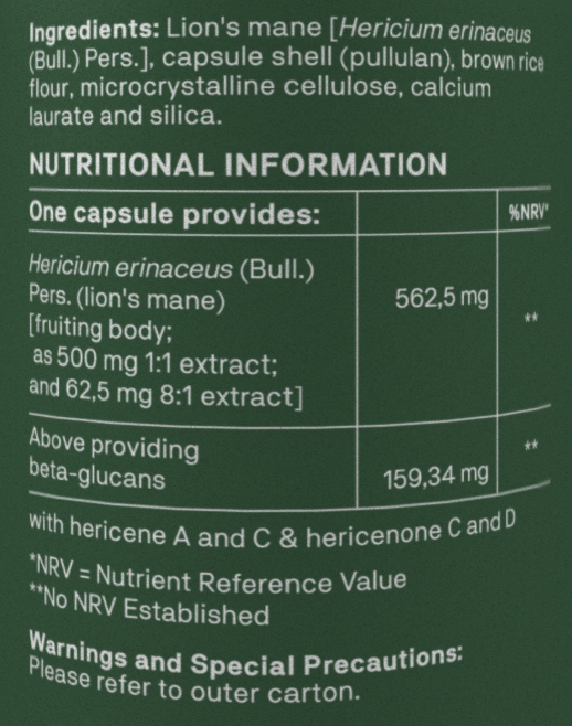 A close-up of a product label showing ingredients and nutritional information for Lion's mane capsules. The label is dark green with white text, detailing the components and daily recommended intake values.