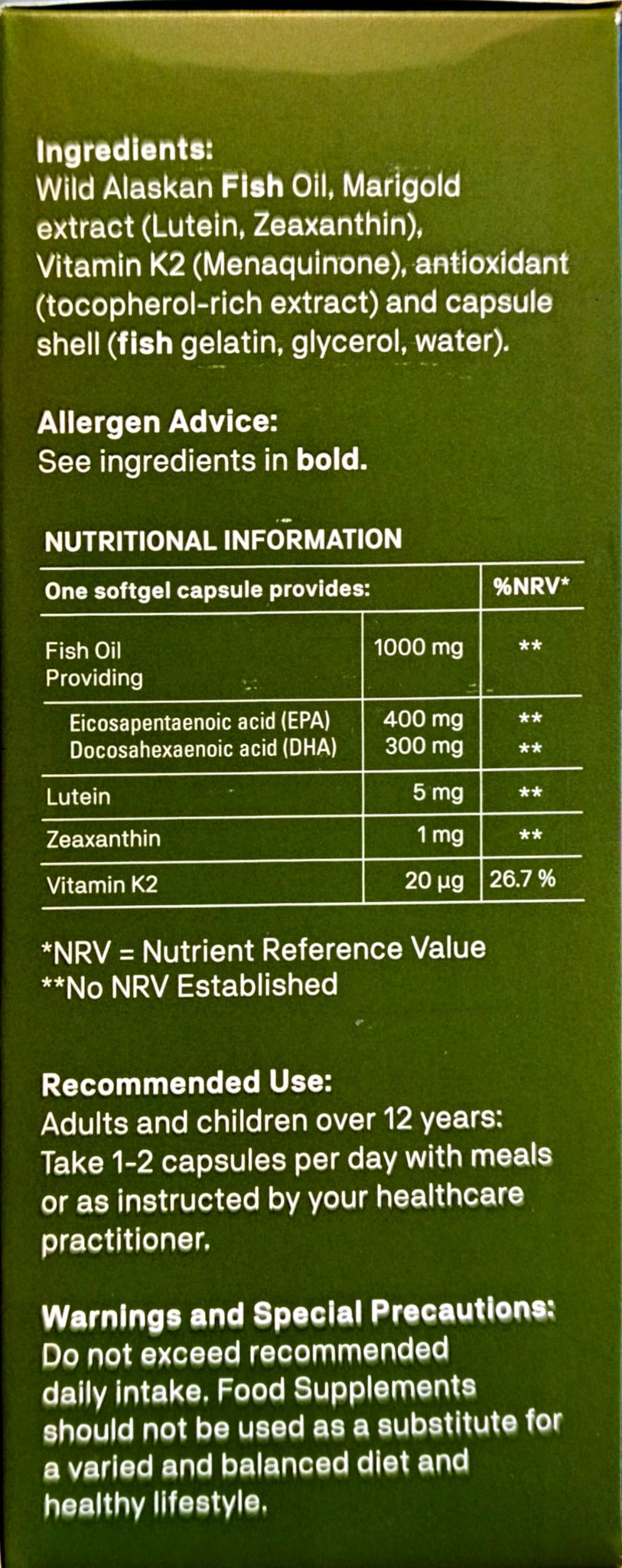 Natroceutics Omega 3 Fortified ingredients, nutrient amounts, directions and warnings on the carton