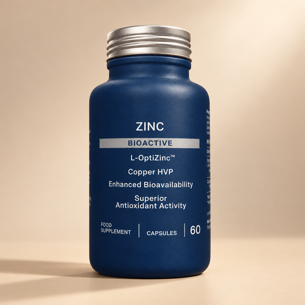 A dark blue bottle of L-OptiZinc dietary supplement with a silver metal cap, featuring white text detailing its copper HVP and zinc benefits.