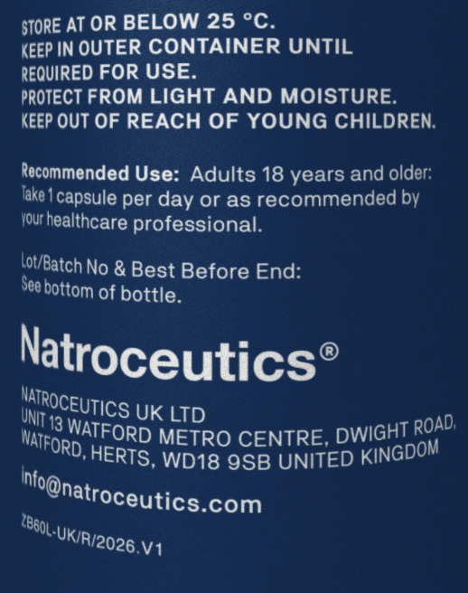 A close-up of a dark blue product label with white text. The brand name 'Natroceutics' is prominently displayed, along with storage instructions, recommended use, and company contact information.