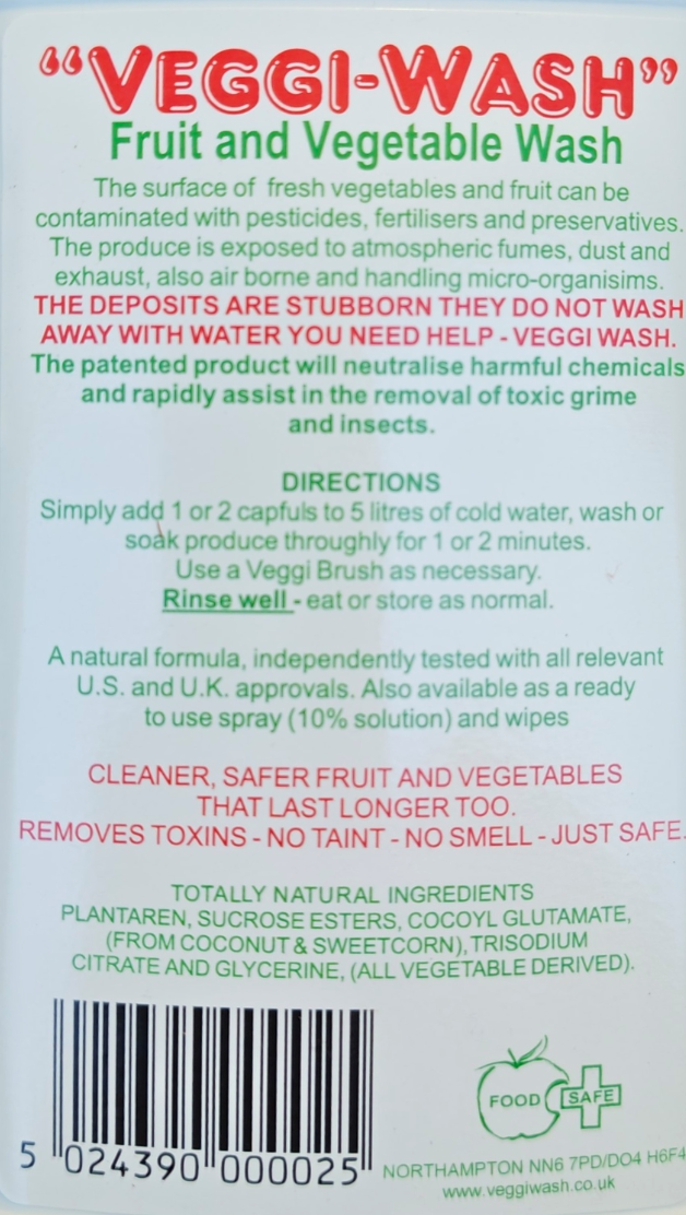 Veggi-Wash fruit and vegetable wash label with text and a barcode.