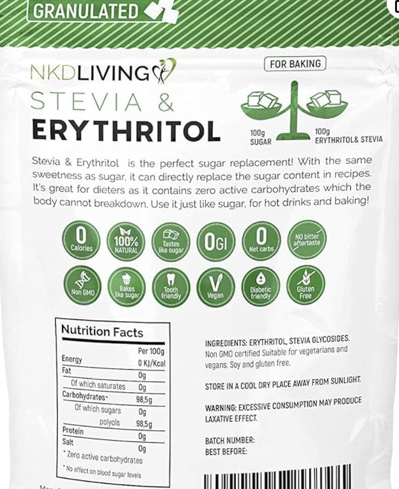 Package of NKD Living Stevia & Erythritol with nutritional information and ingredients listed.