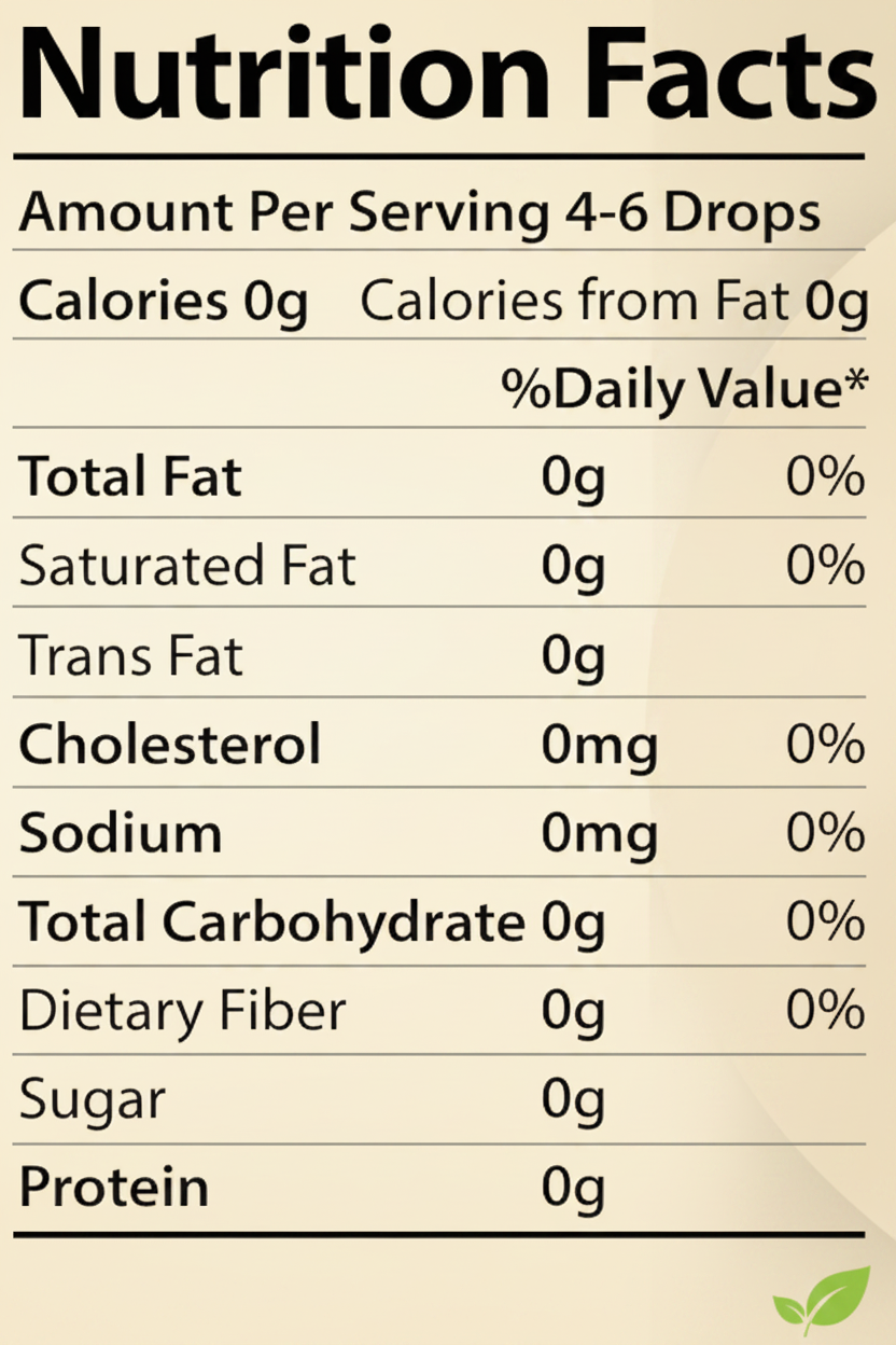 Nutrition facts label for a product with 4-6 drops, showing zero calories and no fat content.
