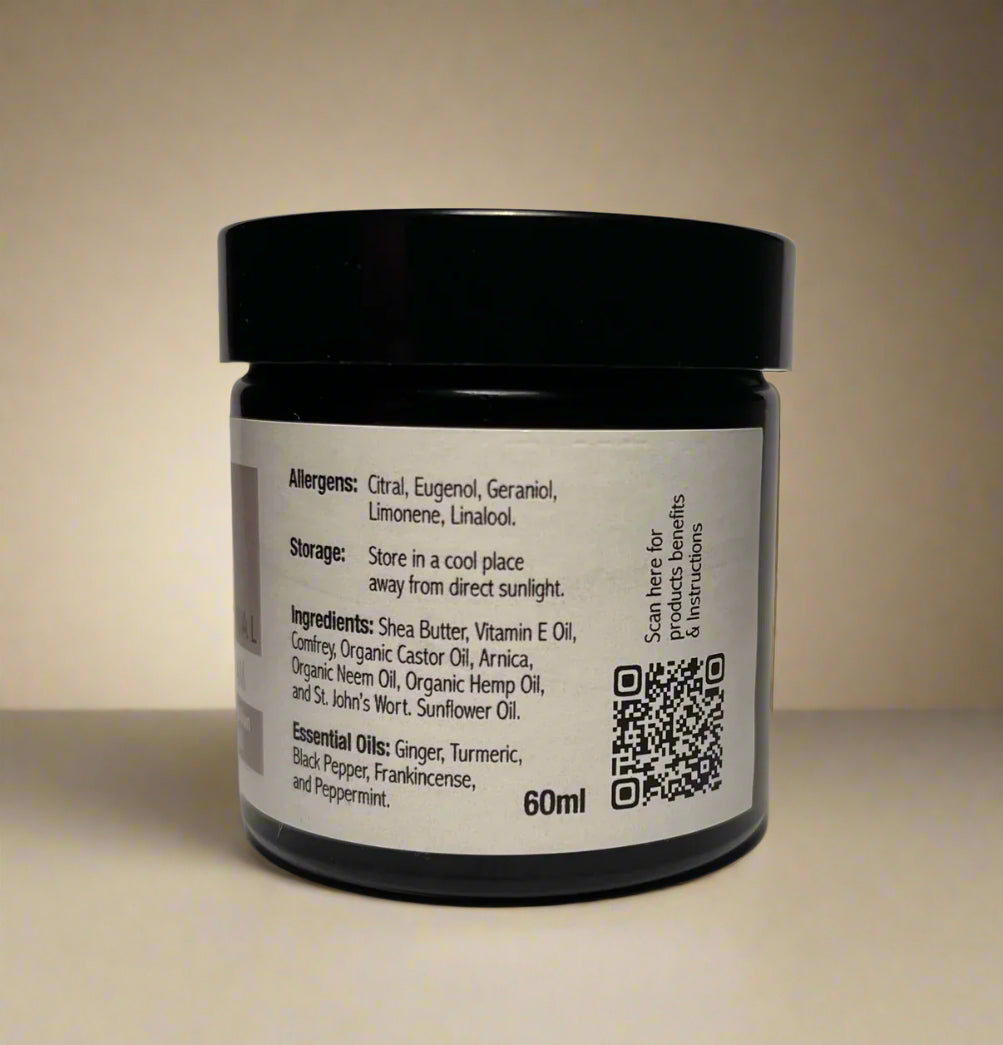 Natural pain relief cream with ginger, arnica, and turmeric