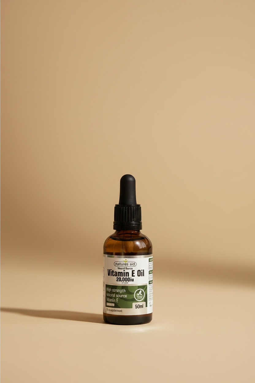Bottle of Natures Aid Vitamin E Oil 20,000iu on a wooden surface