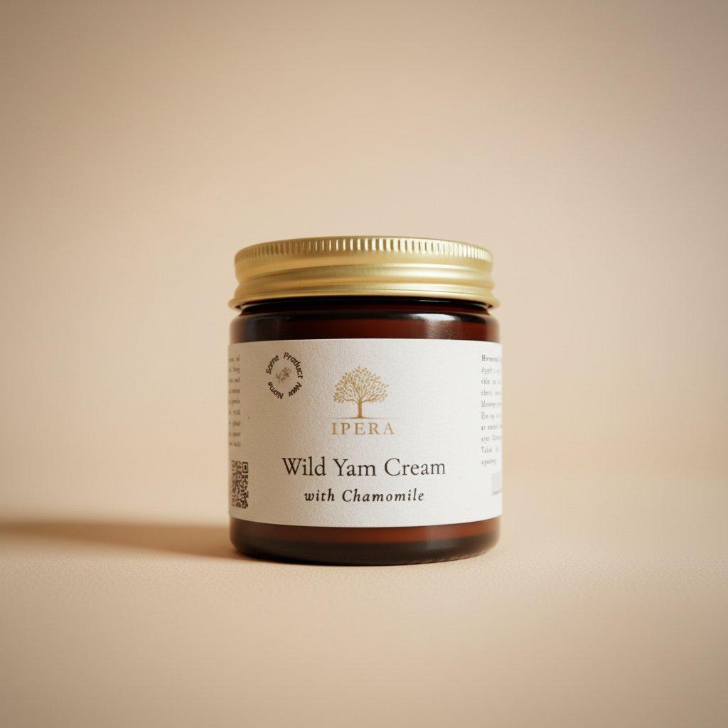 Jar of Wild Yam Cream with Chamomile by Ipera on a brown background