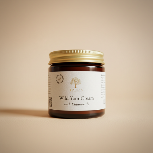 Jar of Wild Yam Cream with Chamomile by Ipera on a brown background