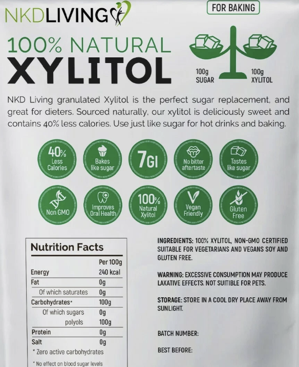 Package of NKD Living 100% Natural Xylitol with nutritional information and product details.