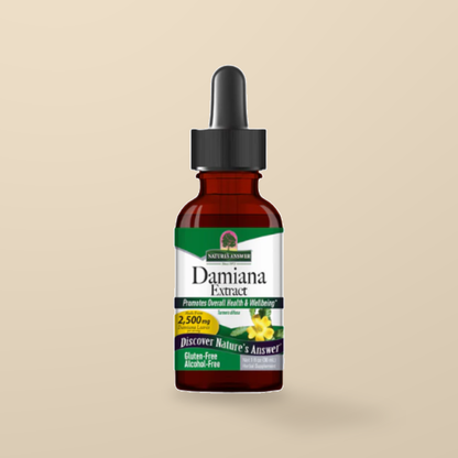 Nature’s Answer Damiana Leaf Extract 30ml — original product packaging on warm beige background