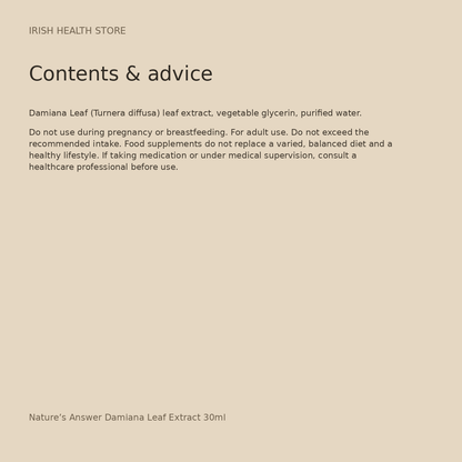 Nature’s Answer Damiana Leaf Extract 30ml contents and advice