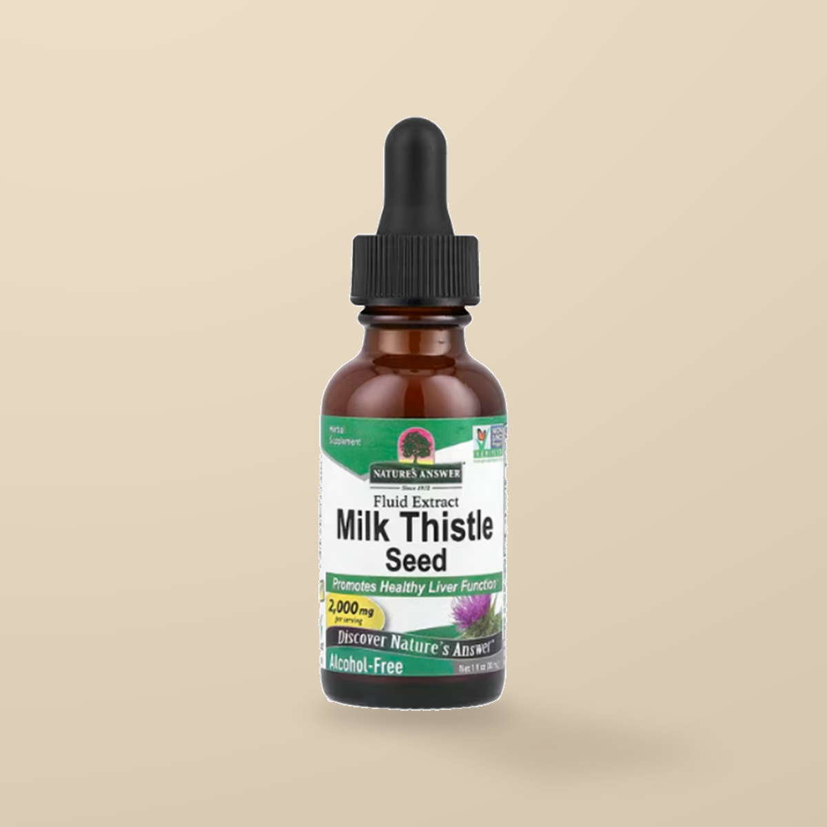 Nature’s Answer Milk Thistle Seed Extract 30ml — original product packaging on warm beige background