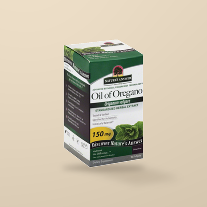 Nature’s Answer Oil of Oregano 150mg 90 Softgels — original product packaging on warm beige background