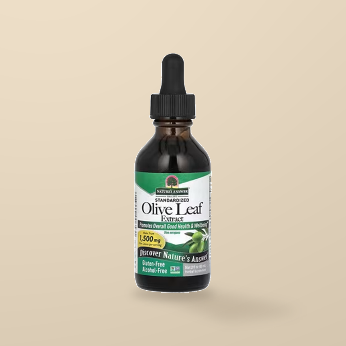 Nature’s Answer Olive Leaf Extract 60ml — original product packaging on warm beige background