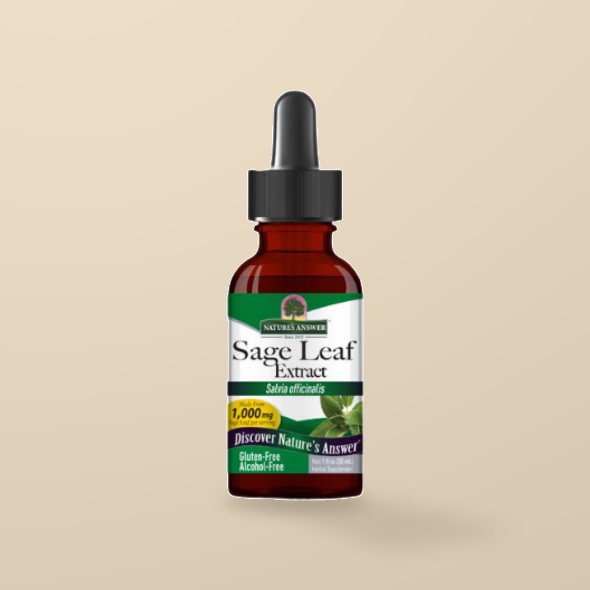 Nature’s Answer Sage Leaf Extract 30ml — original product packaging on warm beige background