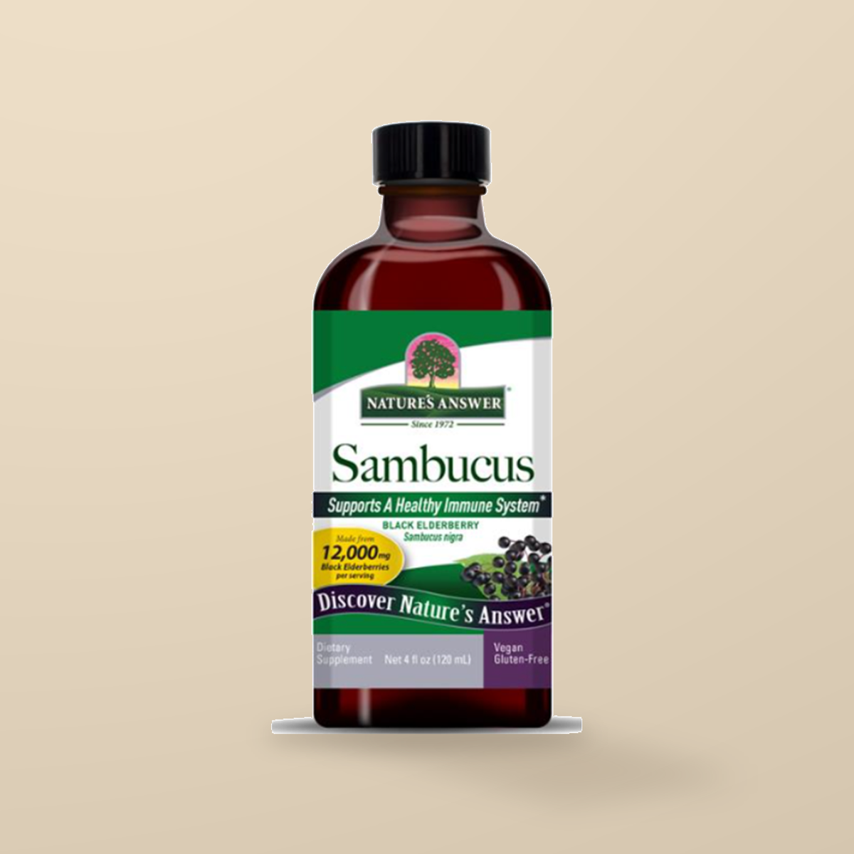 Nature’s Answer Sambucus Original Black Elderberry 120ml — original product packaging on warm beige background