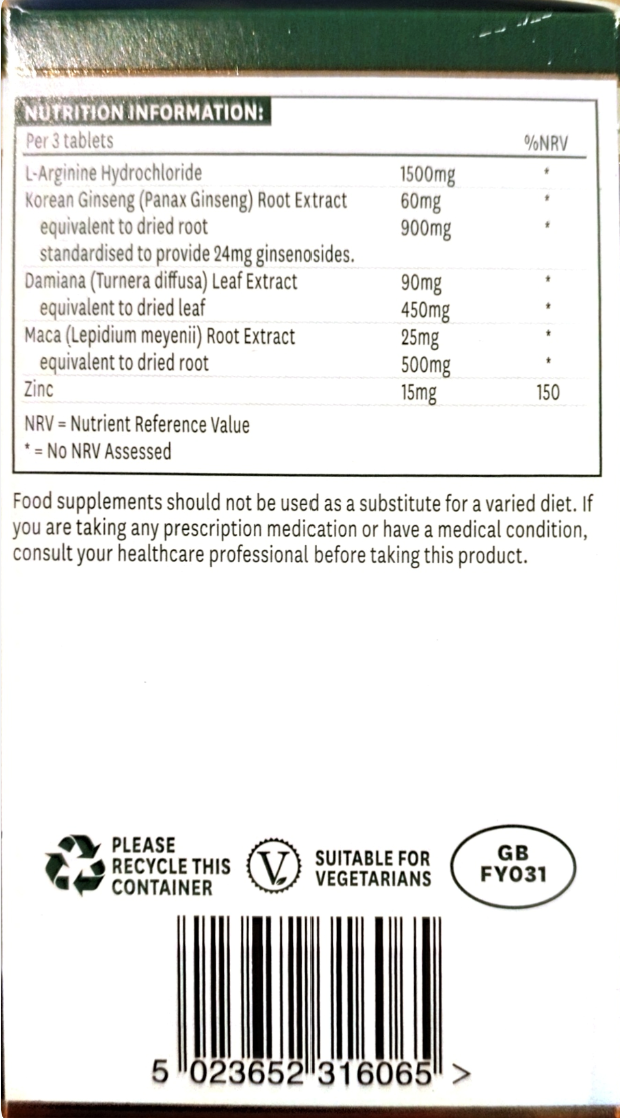 Back of a dietary supplement package showing nutrition information, ingredients list, barcode, recycling text, and suitability icons on a white background.